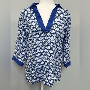 Sigrid Olsen Women’s‎ 100% Linen Size S Top 3/4 Sleeve V-neck Blue & White NWT